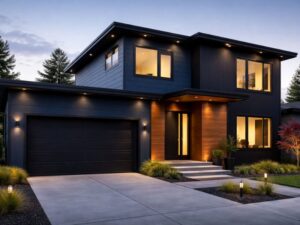夕暮れ時にライトアップされたネイビーとブラックのモダン住宅
