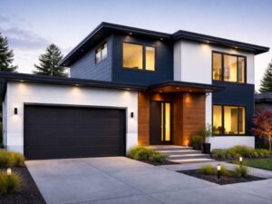 ネイビーとホワイトの外壁が映えるモダンな二階建て住宅の外観